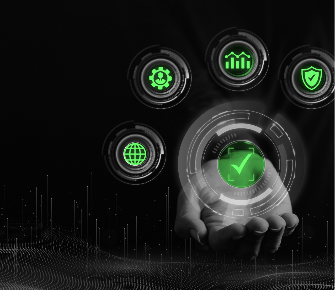 hand holding a tickmark with
              green icons around indicating important aspects of apps
              requirements